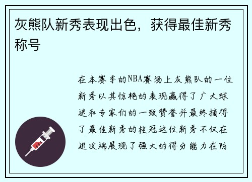 灰熊队新秀表现出色，获得最佳新秀称号