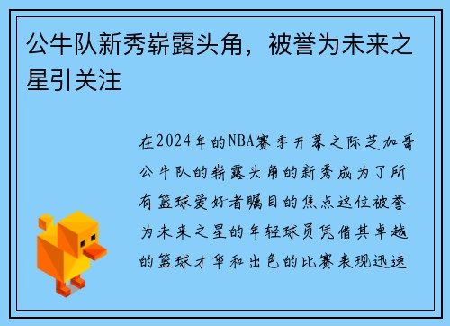 公牛队新秀崭露头角，被誉为未来之星引关注