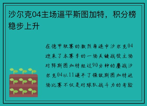 沙尔克04主场逼平斯图加特，积分榜稳步上升